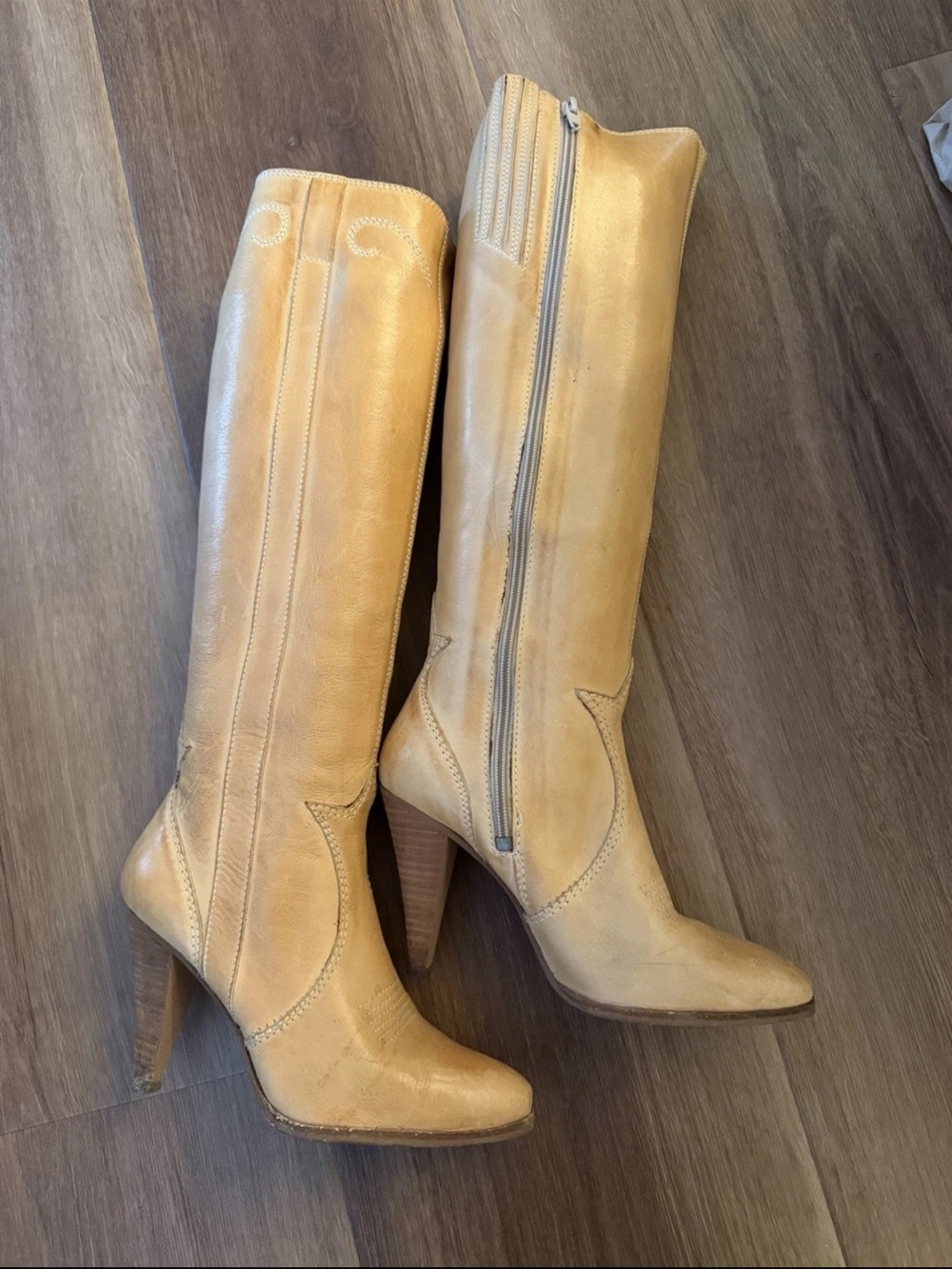 Vintage Tan Knee-High Leather Heeled Boots - Women's Boots